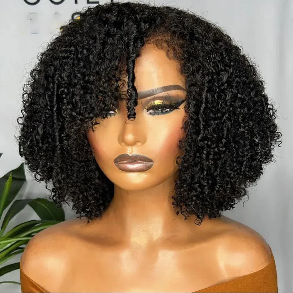 

Soft Short Bob 20 inch 180Density Glueless Black Kinky Curly Swiss Lace Front Wig For Black Women BabyHair Preplucked Daily