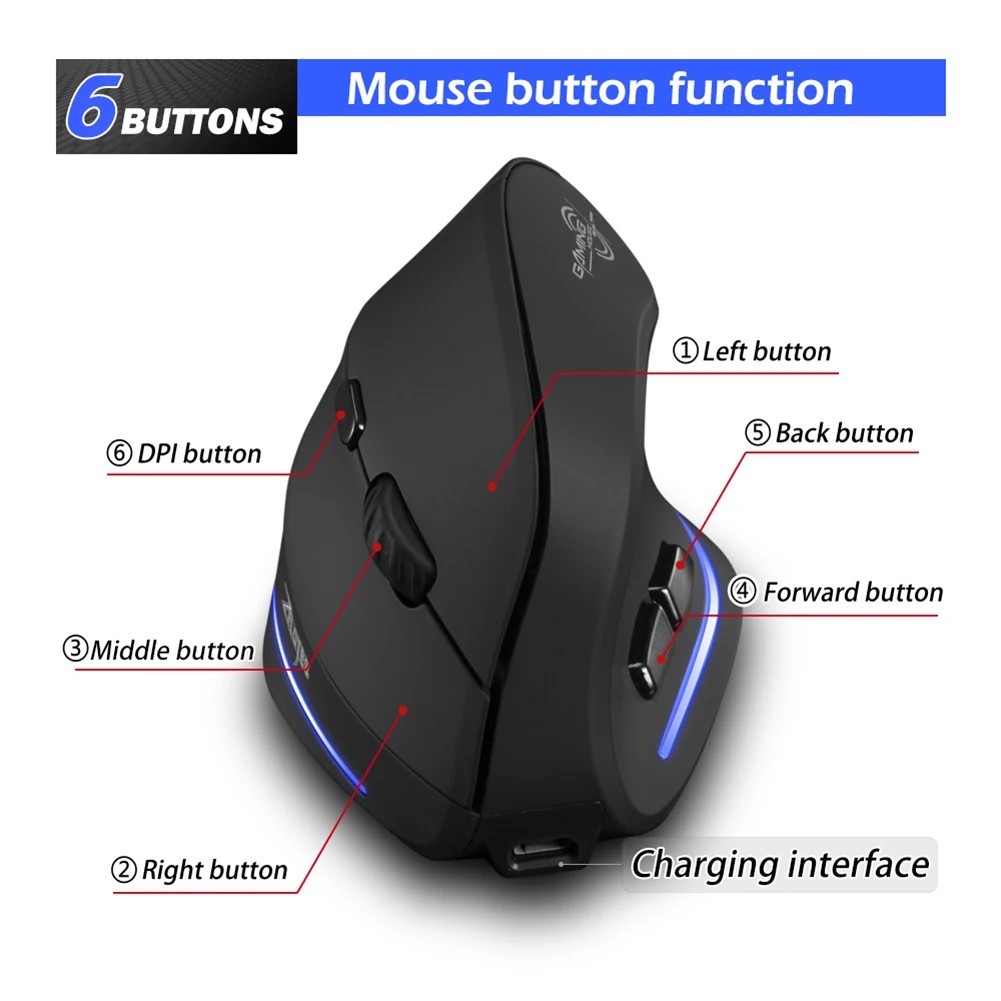 ZELOTES F-35 6 Buttons Rechargeable Wireless 2400DPI Adjustable Vertical Mouse