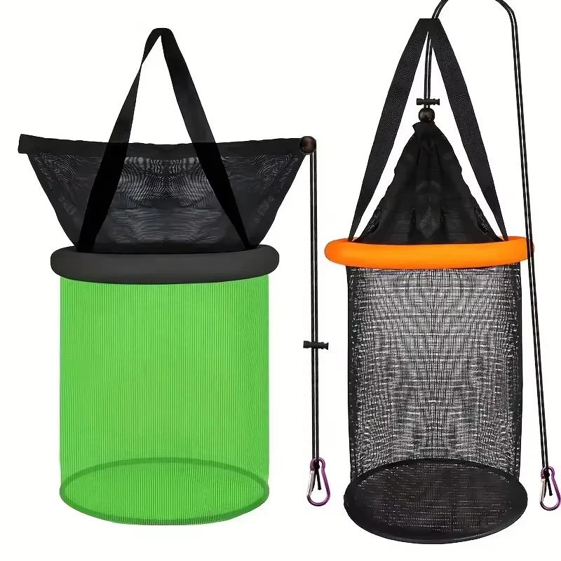 Collapsible Nylon Fish Keep Net in Orange-Black/Green-Black - Portable and Durable Design