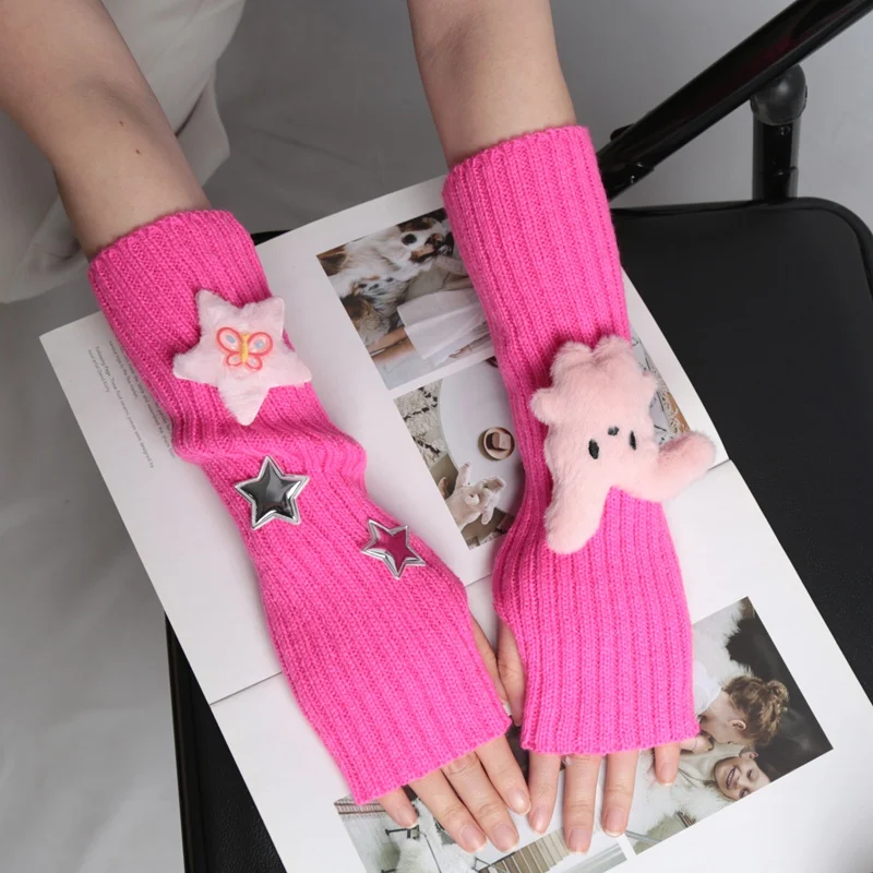 1 Pair of Girls Cute Fingerless Gloves with Star Decoration Fashionable Accessory Gloves Casual Long Wrist Punk Gothic Gloves