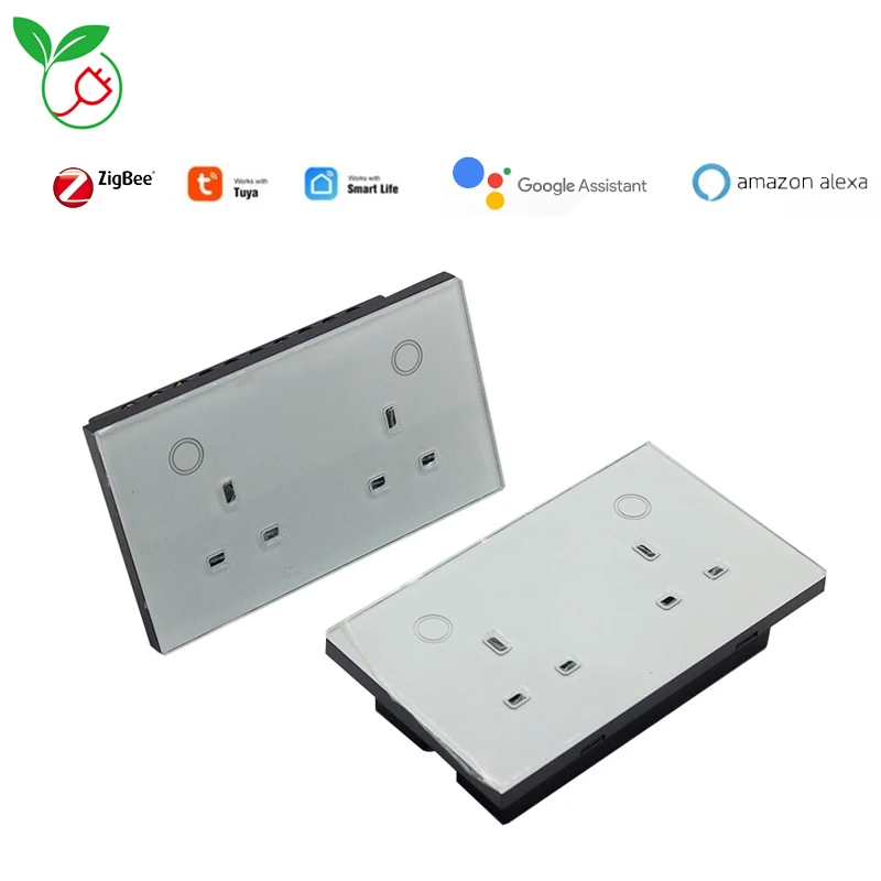 

New Arrival Zigbee 3.0 Smart Wall Socket with Twin UK Power Outlet Touch Panel Glas Switch Tuya Alex Google