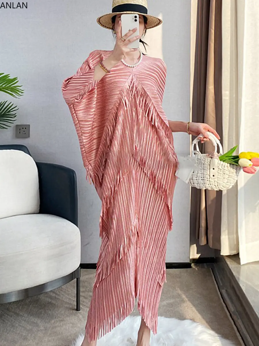 

Female Fashion Miyake Pleated Spliced Tassel Dress V-Neck Batwing Sleeve Medium Long Dresses for Women 2023 Summer New