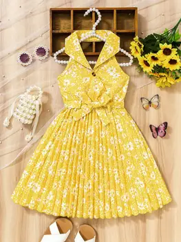 Girl's Yellow Floral Sundress: Bohemian Spaghetti Strap Dress for Vacation/Party, Ages 4-7, Spring-Summer" 1