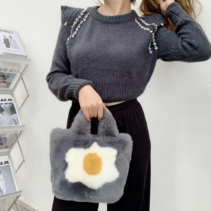 Winter Faux Fur Bag Women Soft Plush Hand Bags Solid Color Shopper Bags Travel Bag Female Warm Fluffy Tote Bags Party Clutch Bag