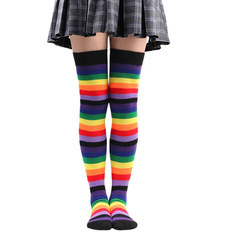 Womens Colorful Striped Stocking Socks Knee High Socks Thigh High Over The Knee Hosiery Casual Tube Socks Costume Leg Warmers