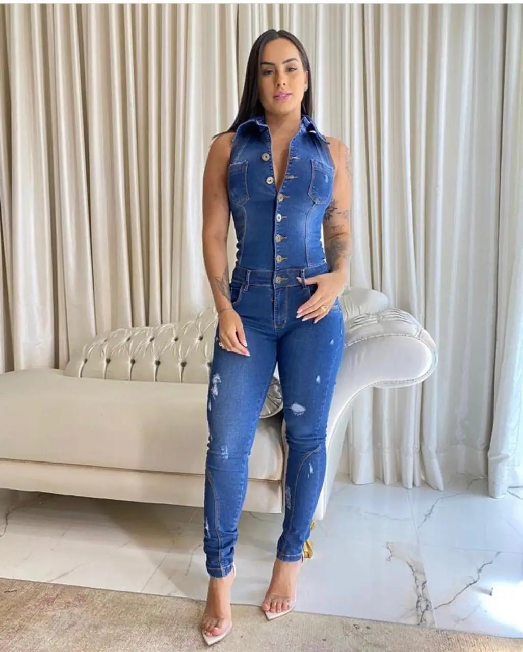 Jeans Stretch Overalls Sexy Women Turn Down Collar Elegant Blue Denim  Casual Jumpsuit Rompers - AliExpress