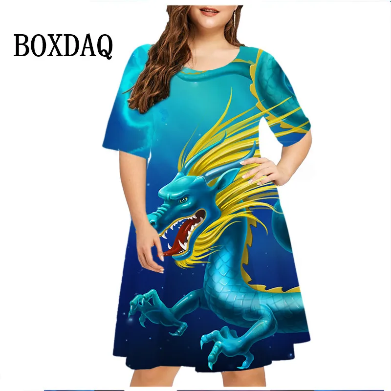 Summer Retro Chinese Dragon Print Dress Women Pullover Manica Corta Mini Abito Allentato Casual Street Ladies Plus Size Party Dress