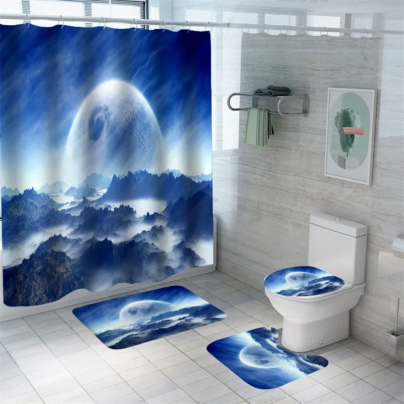 

Bright Moon Bath Curtain Scenic 3D Print Mat Set Waterproof Shower Curtains High Quality Mildewproof Carpets Toilet Rugs