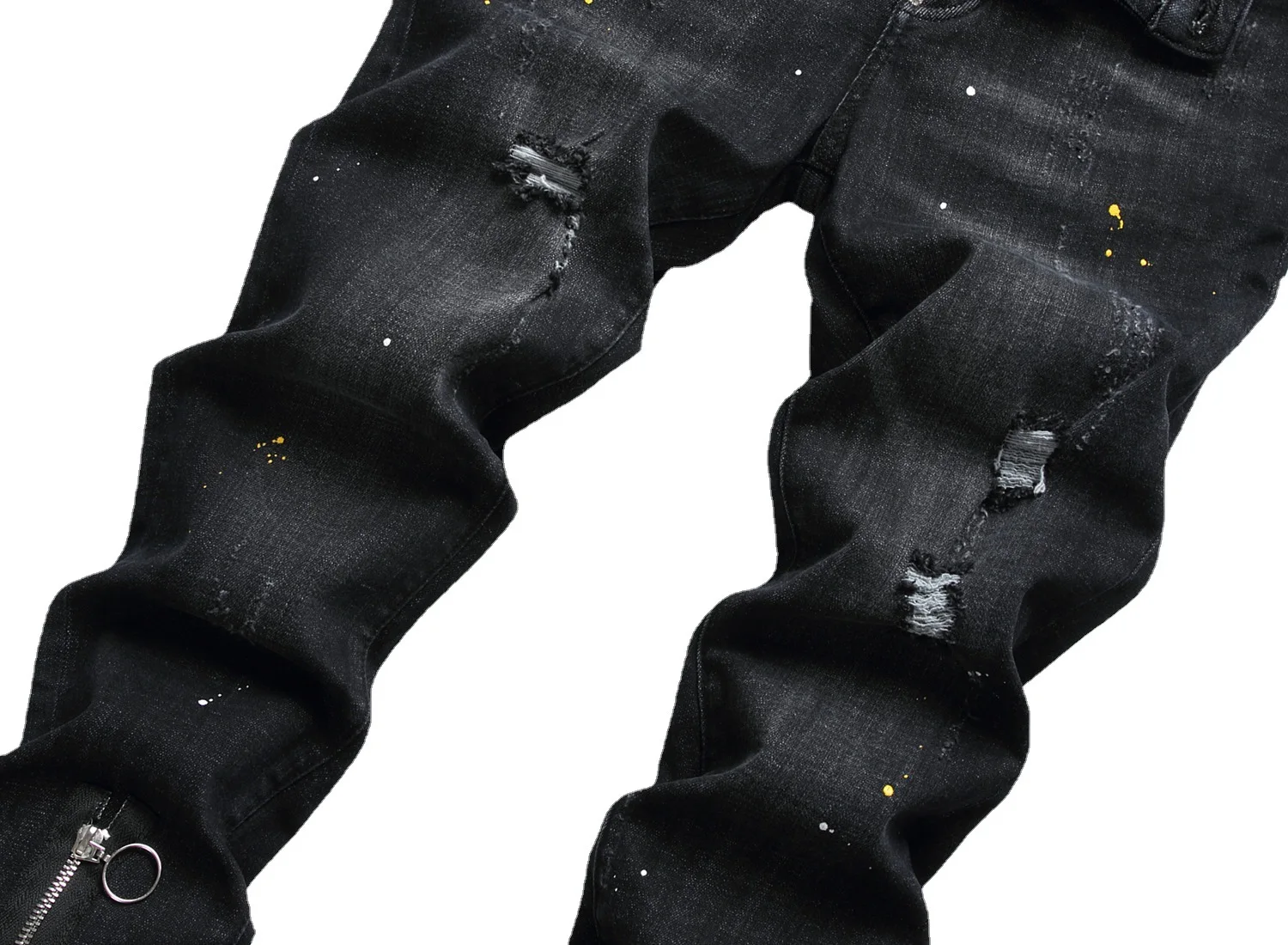European and American fashion brand black trouser legs double zipper decorative point paint hanging  stretch jeans men