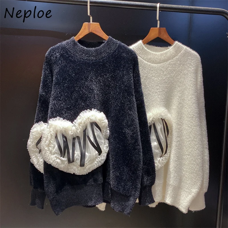 

Женский вязаный свитер с круглым вырезом, Свободный Повседневный пуловер в Корейском стиле с сердечками, осенний свитер