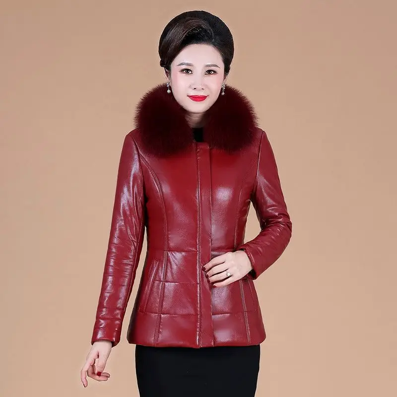

2023 Big Real Raccoon Fur Women Faux Leather Jacket Short Padded Coat Winter Thickening Warm Waterproof Parkas Female R108