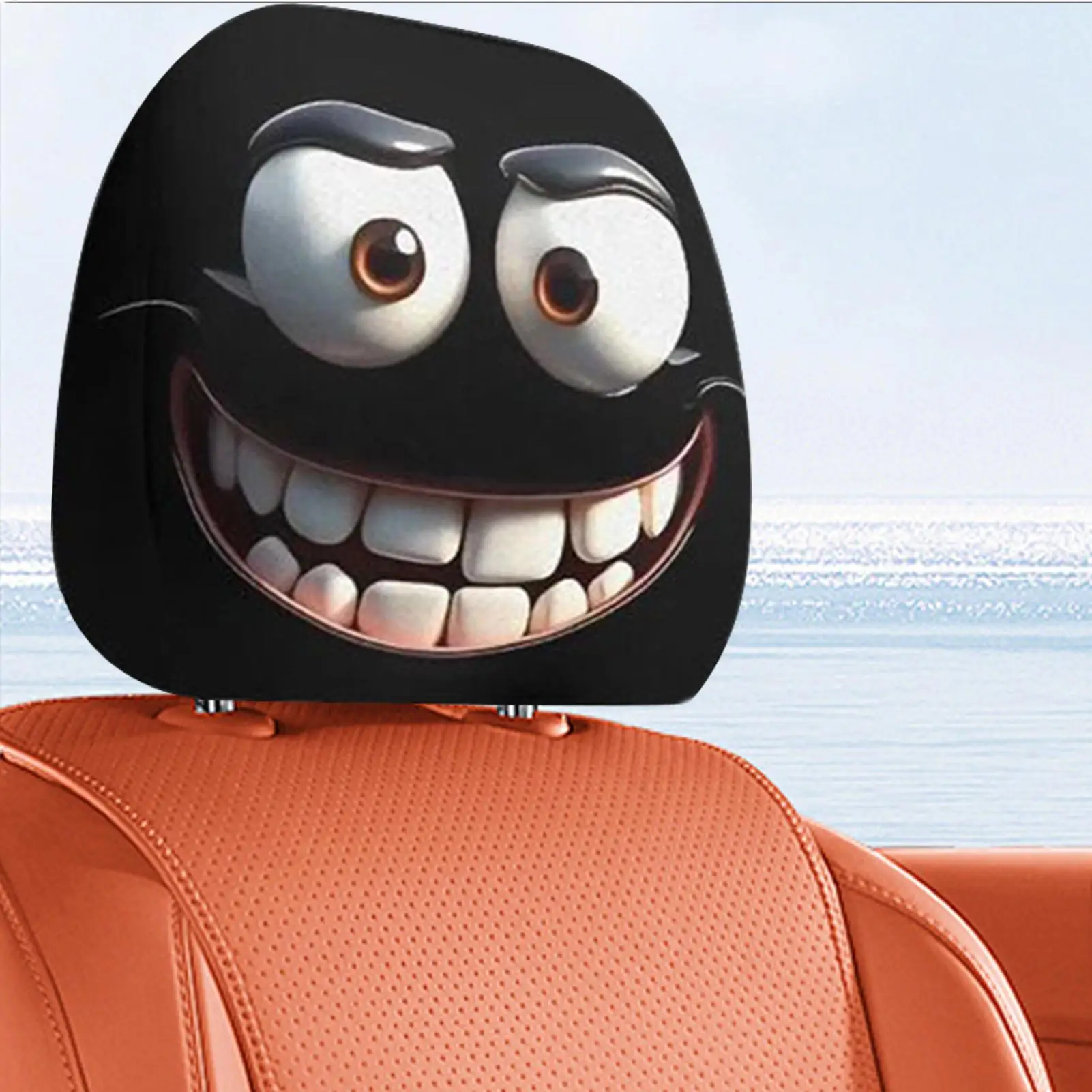 2pcs Horror-Themed Car Headrest Covers - Black & White Face Design, Unfilled Comfortable Seat Protectors for Sedan, Truck, SUV