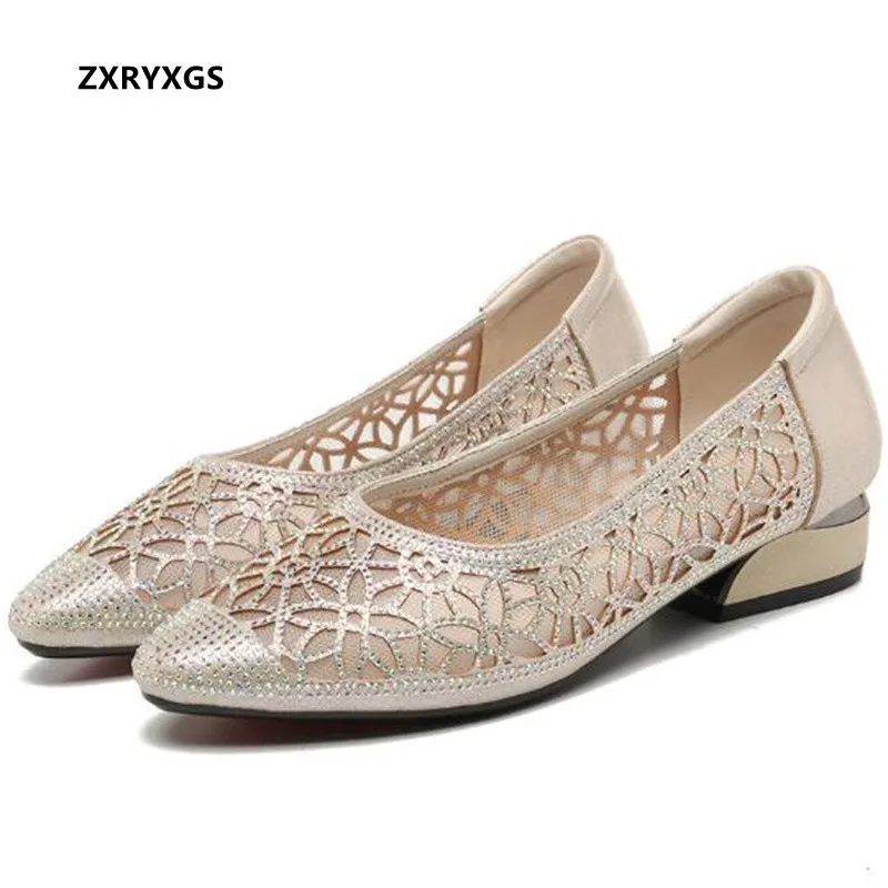 

2022 New Summer High-quality Mesh Microfiber Rhinestones Sandals Low Sole Shoes Shallow Mouth Women Sandal Shoes Fashion Sandals