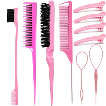 10pcs Hair Styling Comb Set Teasing Hair Brush Triple Teasing Comb Rat Tail Combs Edge Brush Hair Tail Tools Braid Tool Loop 1