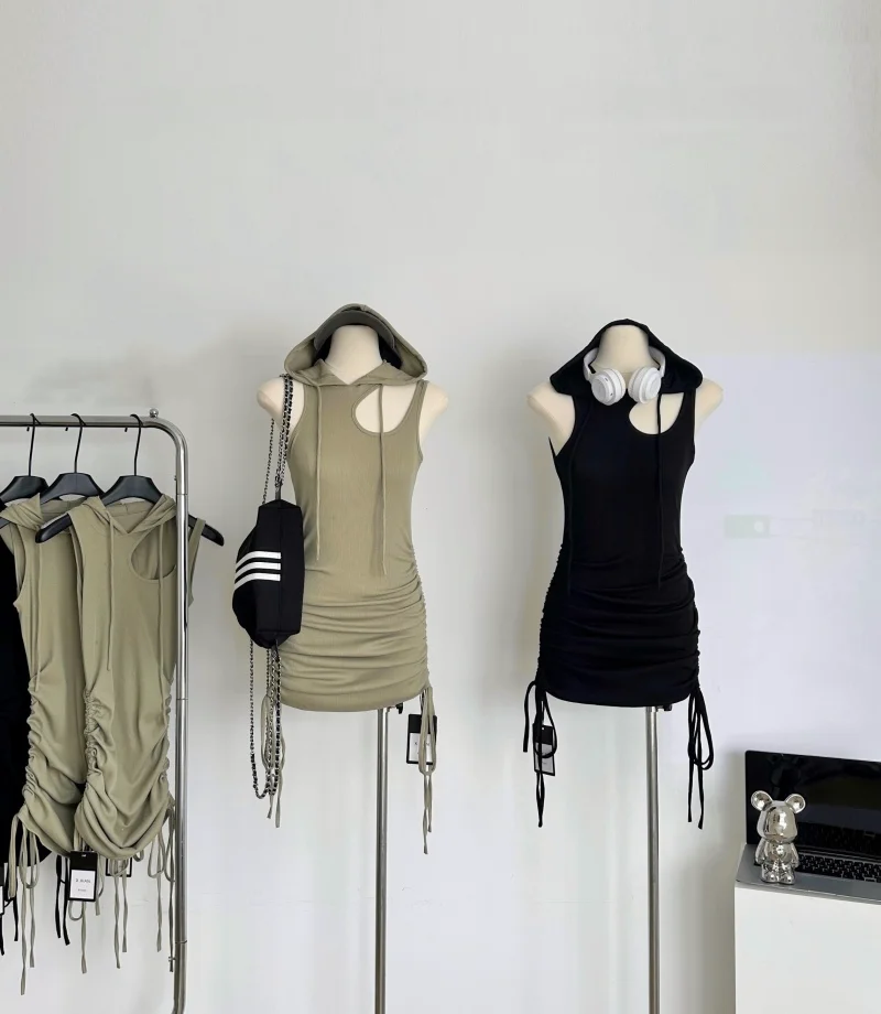 

Hollow Out Sexy Dress Knitted Hooded Drawstring Design Sense Simple Thin Waist Women's Dresses Solid Colour Temperament Fashion