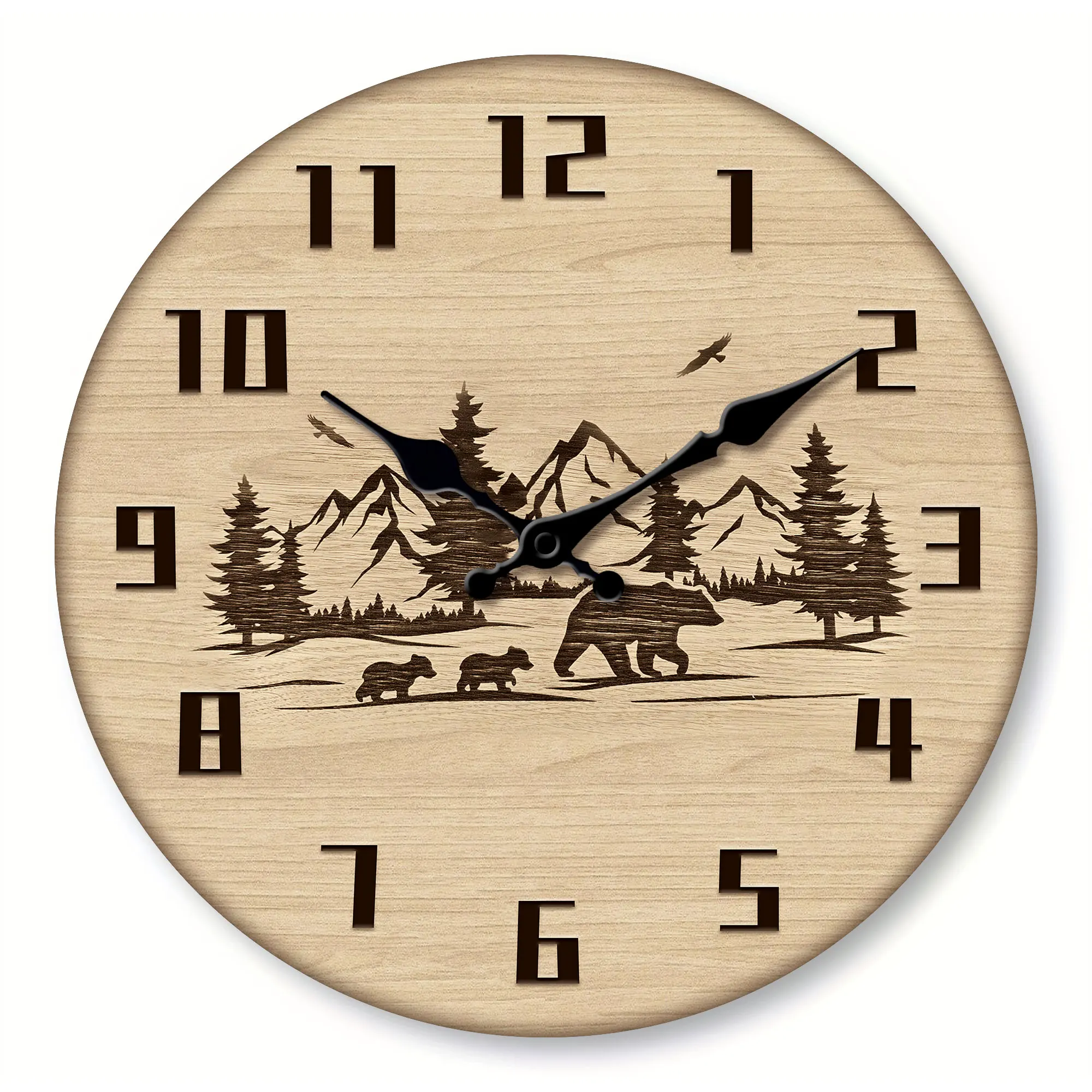 Round Wooden Forest Bear Wall Clock