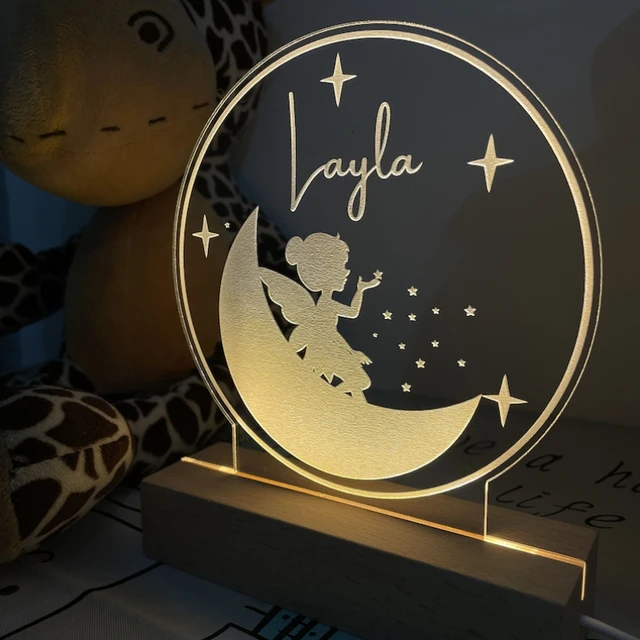 Luz de noche personalizada para bebé y niña, lámpara con Base de madera USB  para dormitorio, decoración de campanilla de mesa, regalo de cumpleaños -  AliExpress