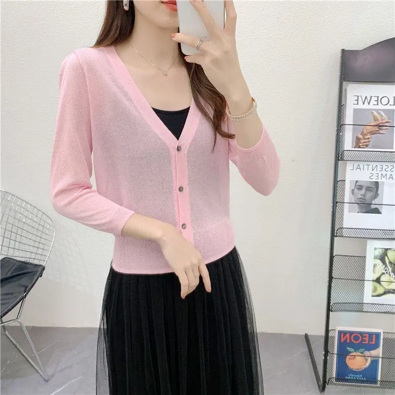 Spring/Summer Ice Linen Knitted Split Sleeve Cardigan Women's Versatile Office Air Conditioning Shirt Fashion Sunscreen Top