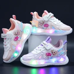 Disney LED Casual Sneakers Pink Purple For Summer Girls Frozen Elsa Princess Print Outdoor Shoes Children Lighted Non-slip Shoes