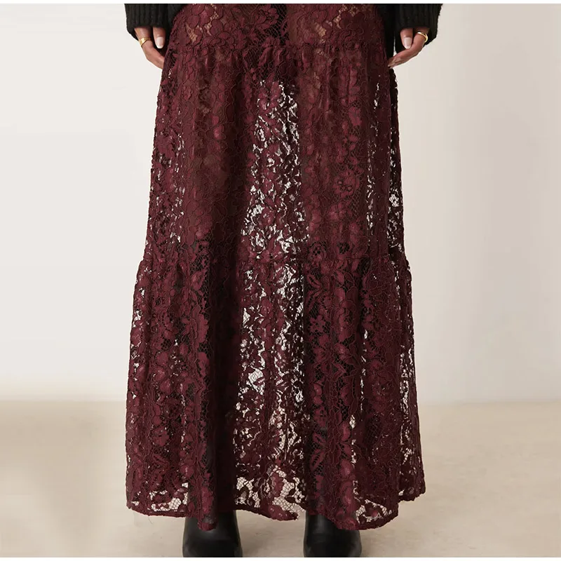 Elegant Floral Lace Hollow Out Skirts Women Sexy Retro Solid Low Waist Long Skirt Female Korean Autumn Summer Loose Versatile