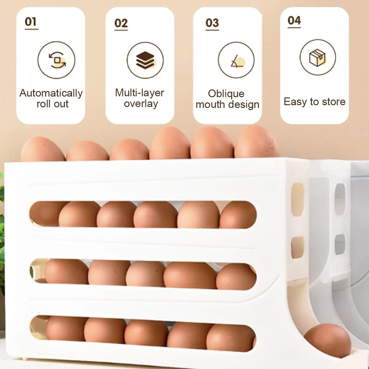 Kitchen Storage Rack Refrigerator Egg Rack 4 Tiers Large Capacity Auto Rolling Organizer