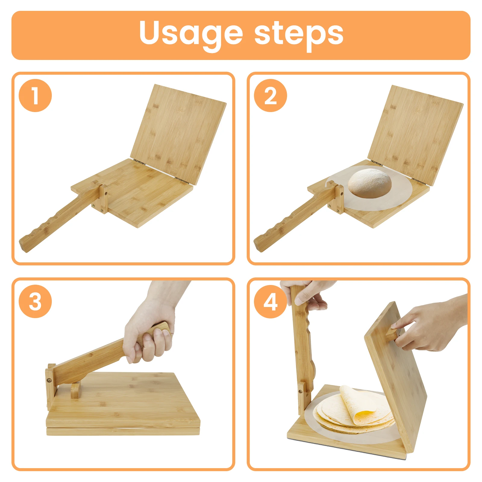 Bamboo Tortilla Presser 10 Inch Manual Square Tortilla Maker with Rolling Pin Rotatable Mexican Tortillera Dough Pressing Tool