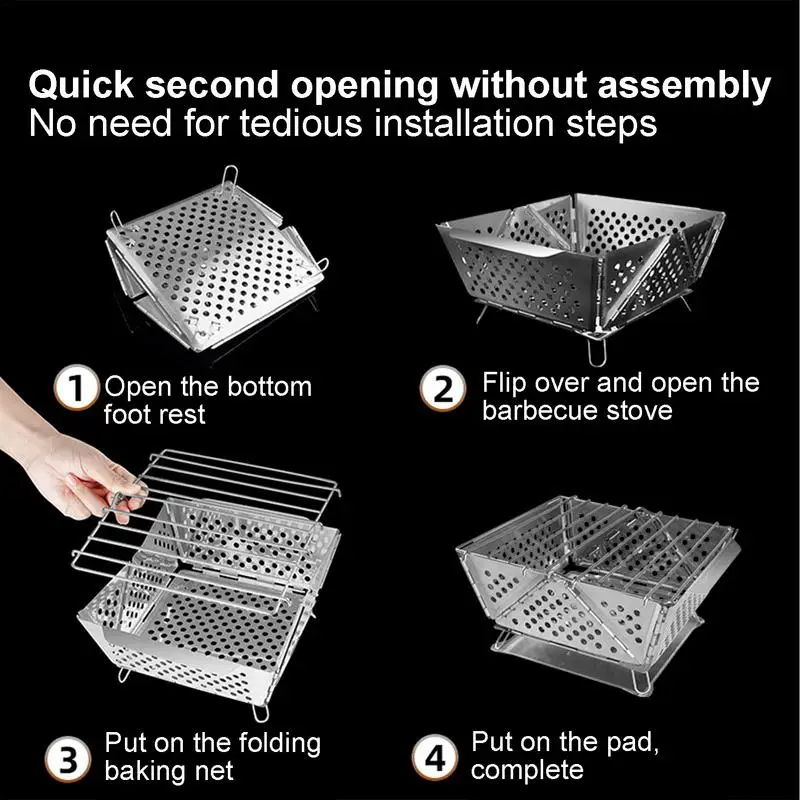 Portable Folding BBQ Grill Camping Split Stainless Steel Fire Pit Tent Stove Outdoor Picnic Accessories Charcoal Grill Burner 4