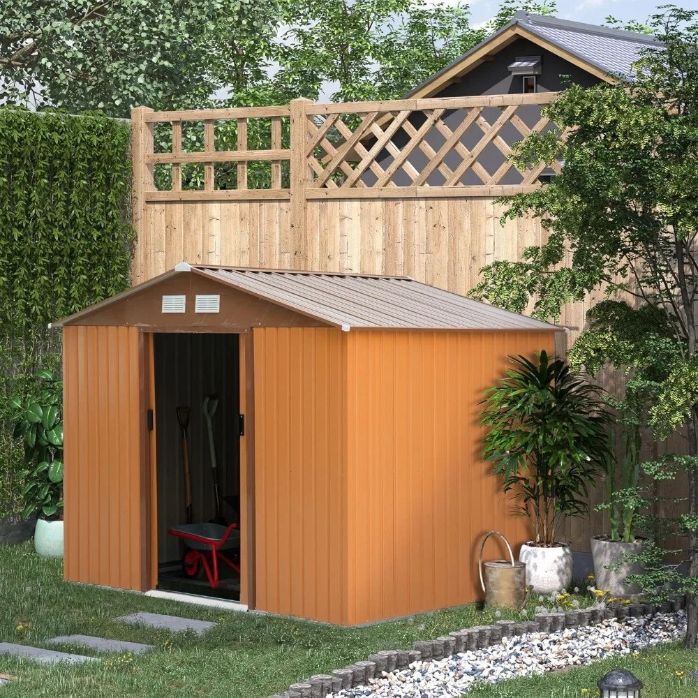 

9' x 6' Outdoor Storage Shed,Garden Tool House with Foundation,4 Vents,and 2 Easy Sliding Doors for Backyard,Patio,Garage,Yellow