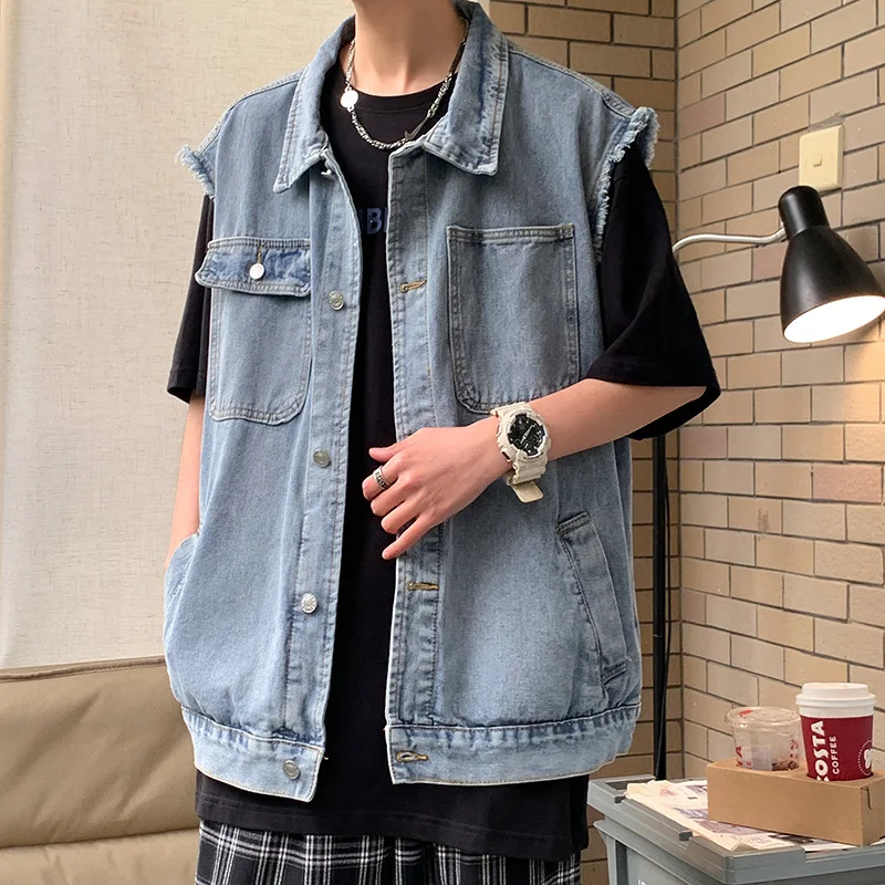 EBAIHUI Men's Denim Vest Spring Vintage Loose Male Sleeveless Kam Shoulder Casual Versatile Pocket Design Tank Tops