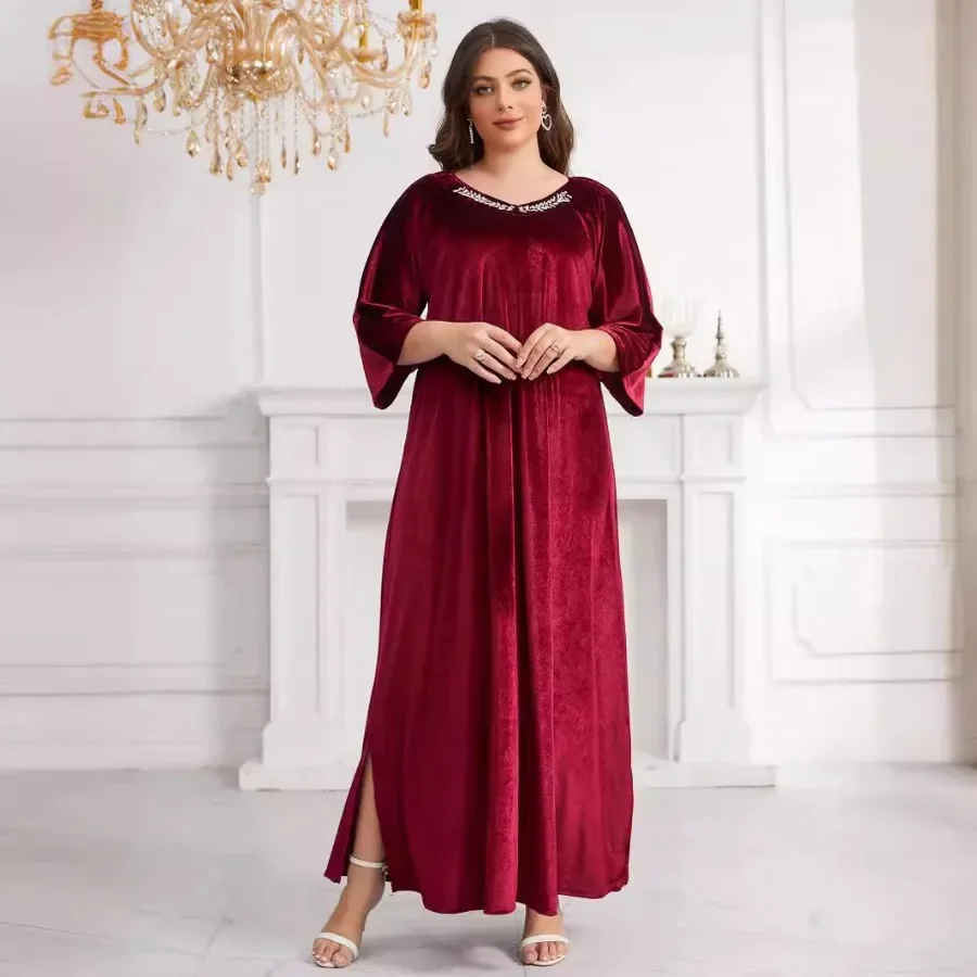 Abaya Dubai 2024 Spring Elegant Muslim Women 3/4 Sleeve V-neck Velvet Plus Size Long Maxi Dress Abaya Dress Muslim Fashion Abaya