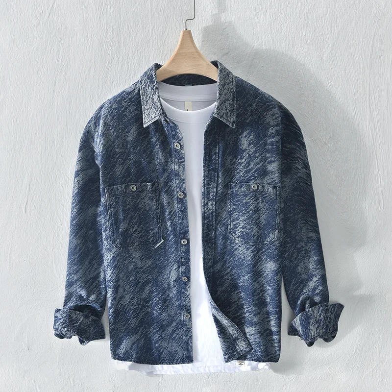 7667 Tie Dye Denim Shirt Men Cotton 78 Vintage Shirt Long Sleeve