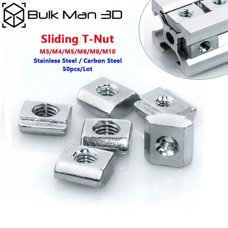 

50pcs/Lot M3 M4 M5 M6 M8 M10 T Block Square Sliding T-Nuts Hammer Nut for Fastener Aluminum Profile 2020 3030 4040 4545