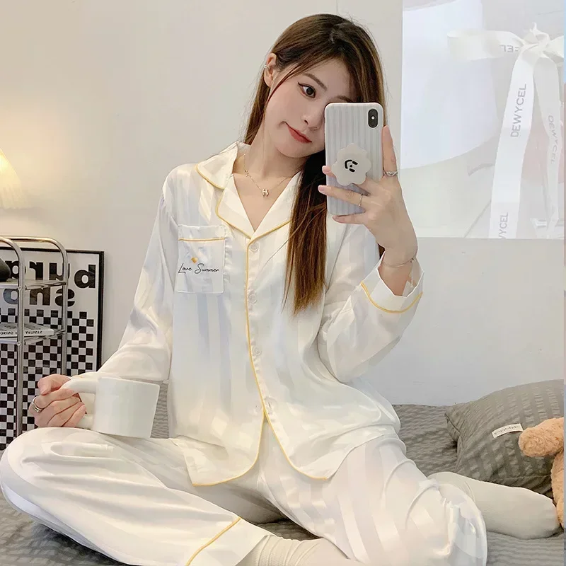 Pajamas Sets High-quality Light Luxury Silk Women's Sleepwear Spring Autumn Long-sleeve Cardigan Fashion Ice Silk Home Clothing