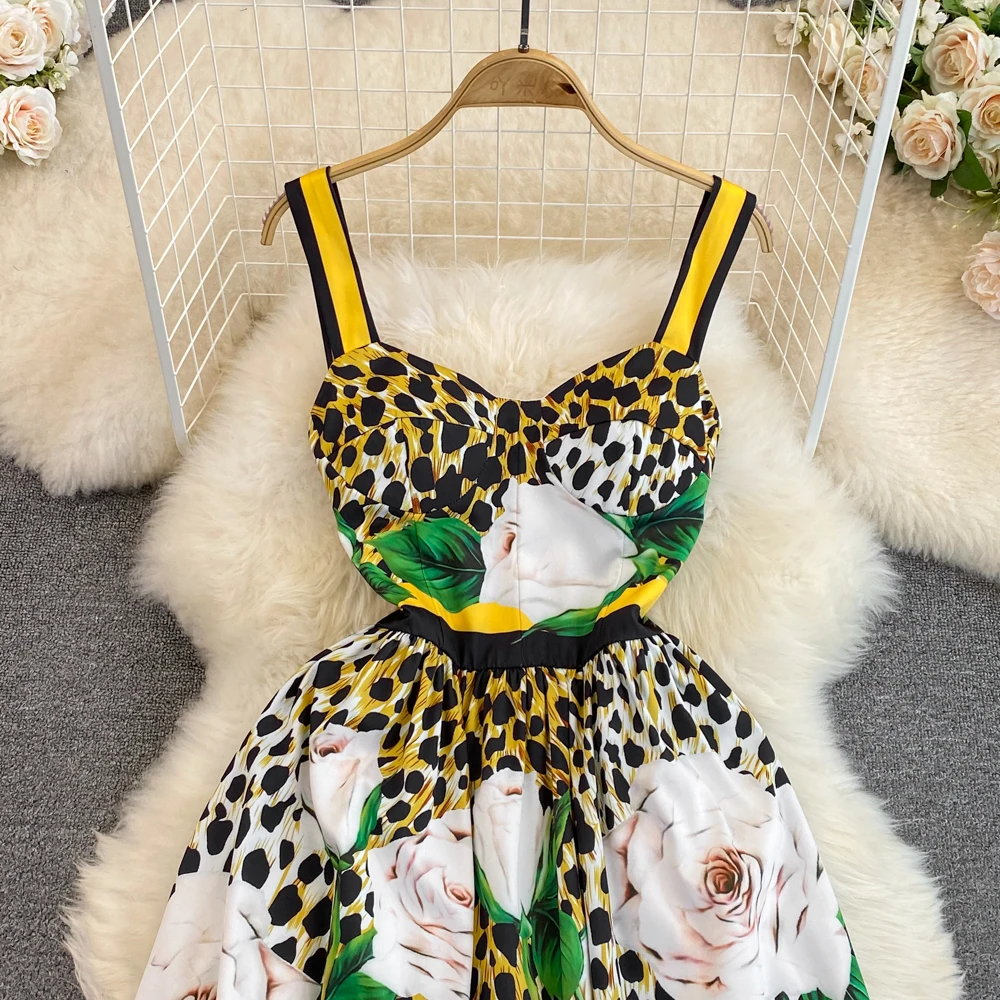 

New Sexy Spaghetti Strap Floral Leopard Print Dress Women Beach Backless Strapless Elastic Waist Rose Flower Party Vestidos