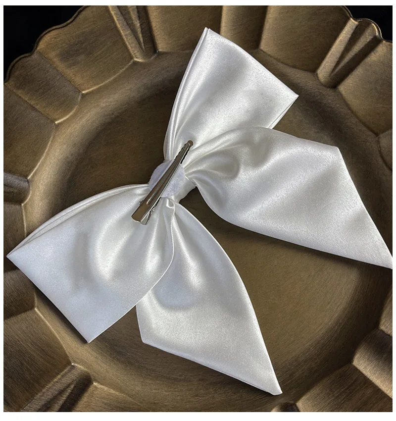 Bridal White Satin Bow Barrettes Wedding  Side Clip  Headdress Elegant  hair accessories for women