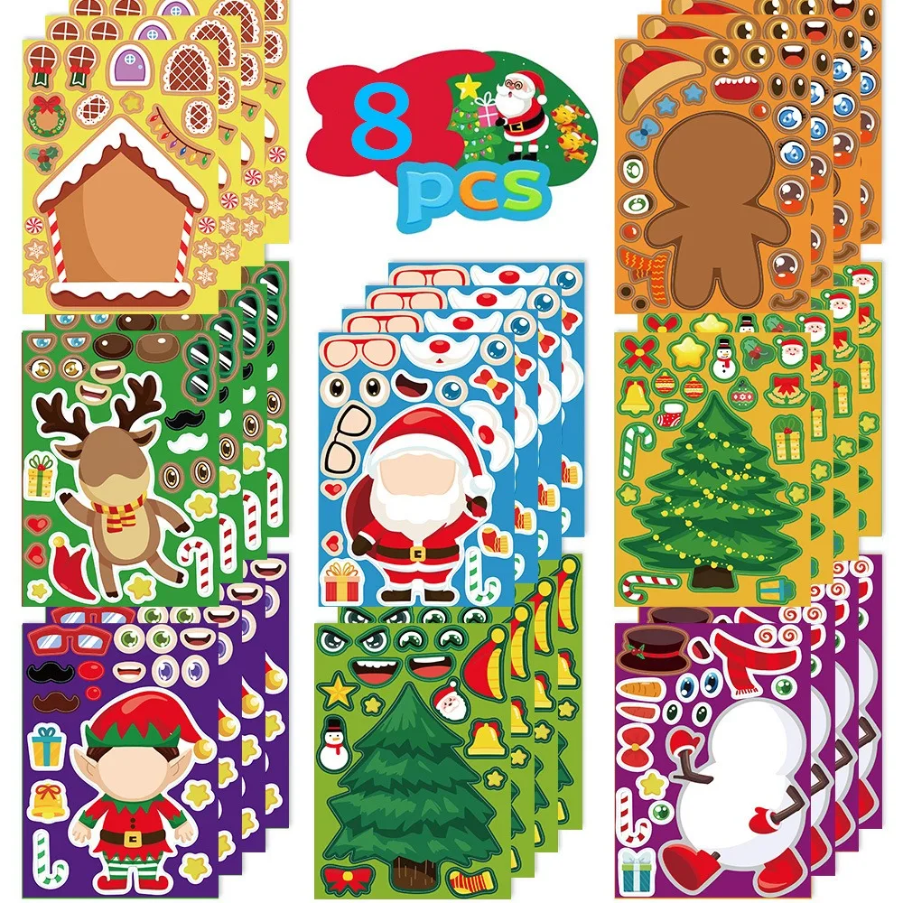 

8 Sheets Kids Stickers DIY Puzzle Sticker Toys Santa Christmas Tree Assemble Stickers for Children Boys Girls Christmas Gifts