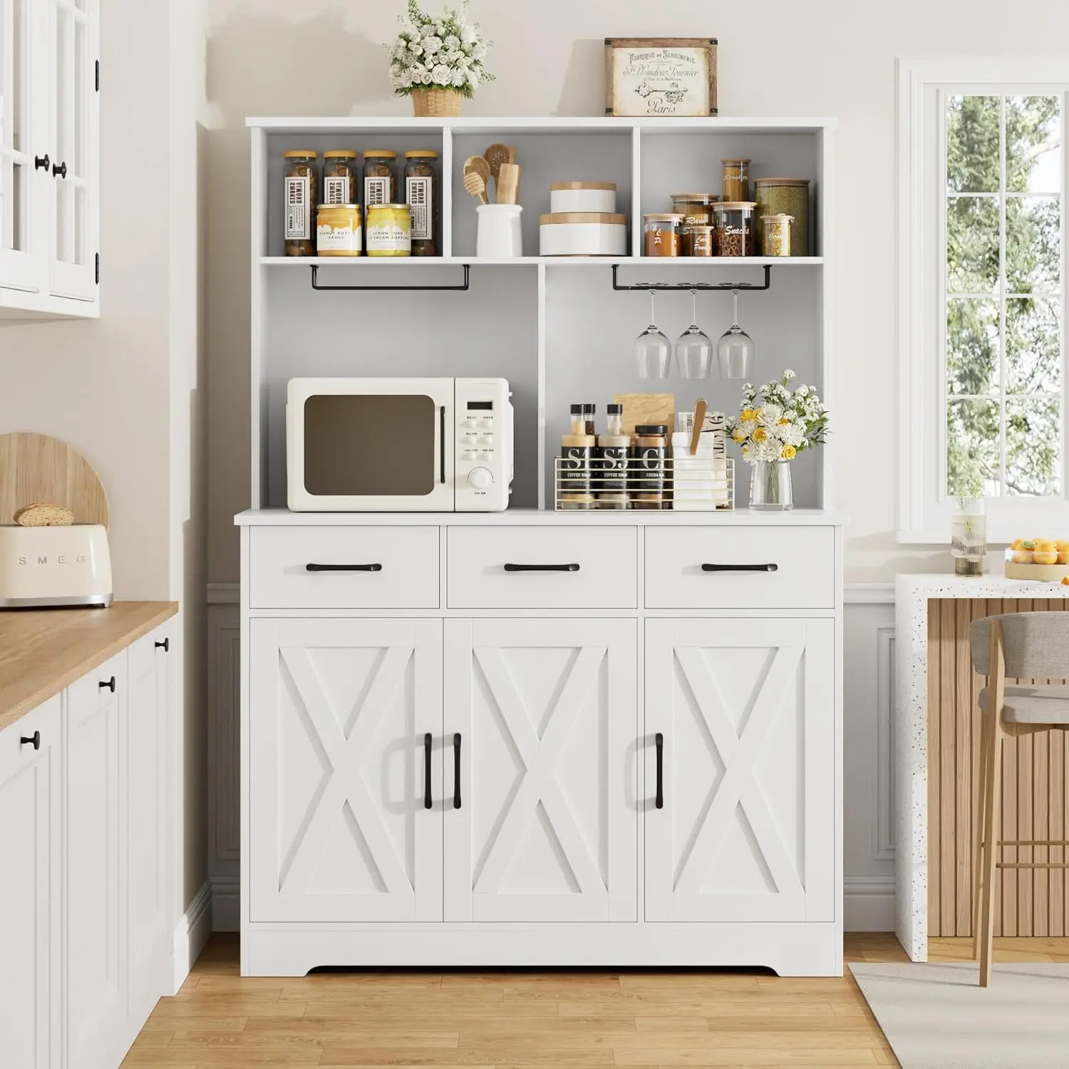 Buffet Cabinet with Hutch Modern Farmhouse Kitchen Buffet Sideboard Storage Cabinet with 3 Drawers Barn Door Coffee Ba HOSTACK