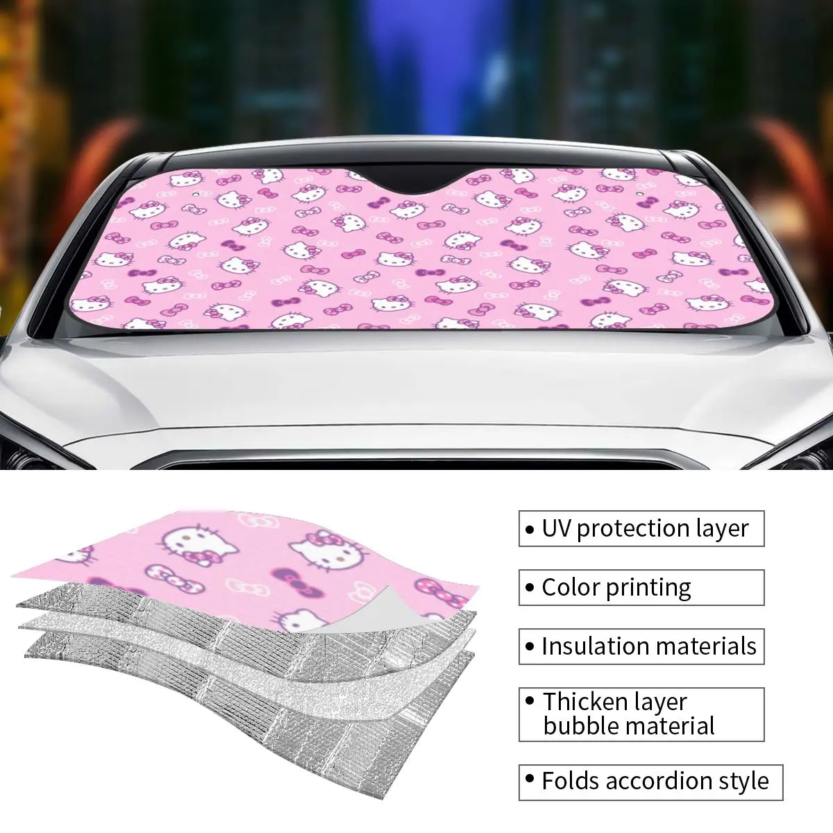 Sanrio Hello Kitty Personality Sunshade Windscreen 76x140cm Kitty White Foils Car Window Windscreen Cover Solar Protect