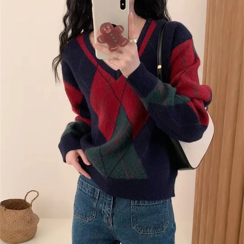 

Linger V-neck pullover sweater women's new retro thick sweater top for autumn and winter