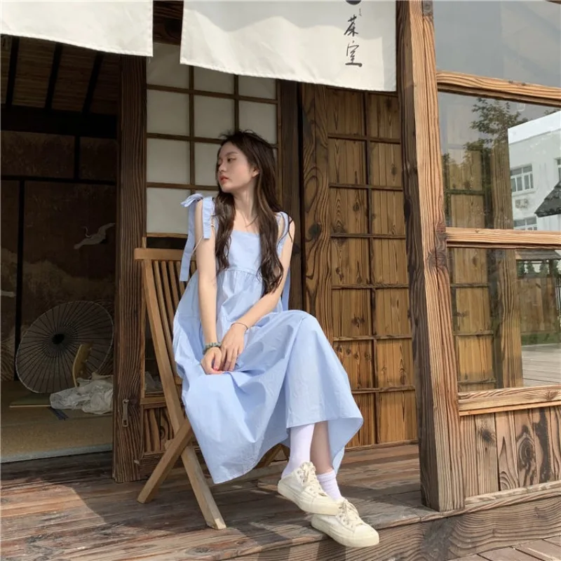 

Deeptown Japanese Style Y2k Blue Slip Dress Women Fairycore Summer Vacation Dresses Cute Sweet Lace Up Sleeveless Loose Vestidos