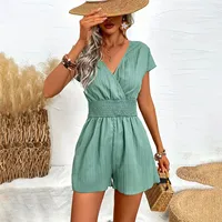 Women V Neck Rompers 2024 Summer Shorts Jumpsuits Short Sleeved Playsuits With Pockets Casual Solid Loose Beach Overalls - Image 3