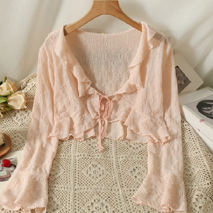 8k90 pink ruffle bell sleeve cardigan