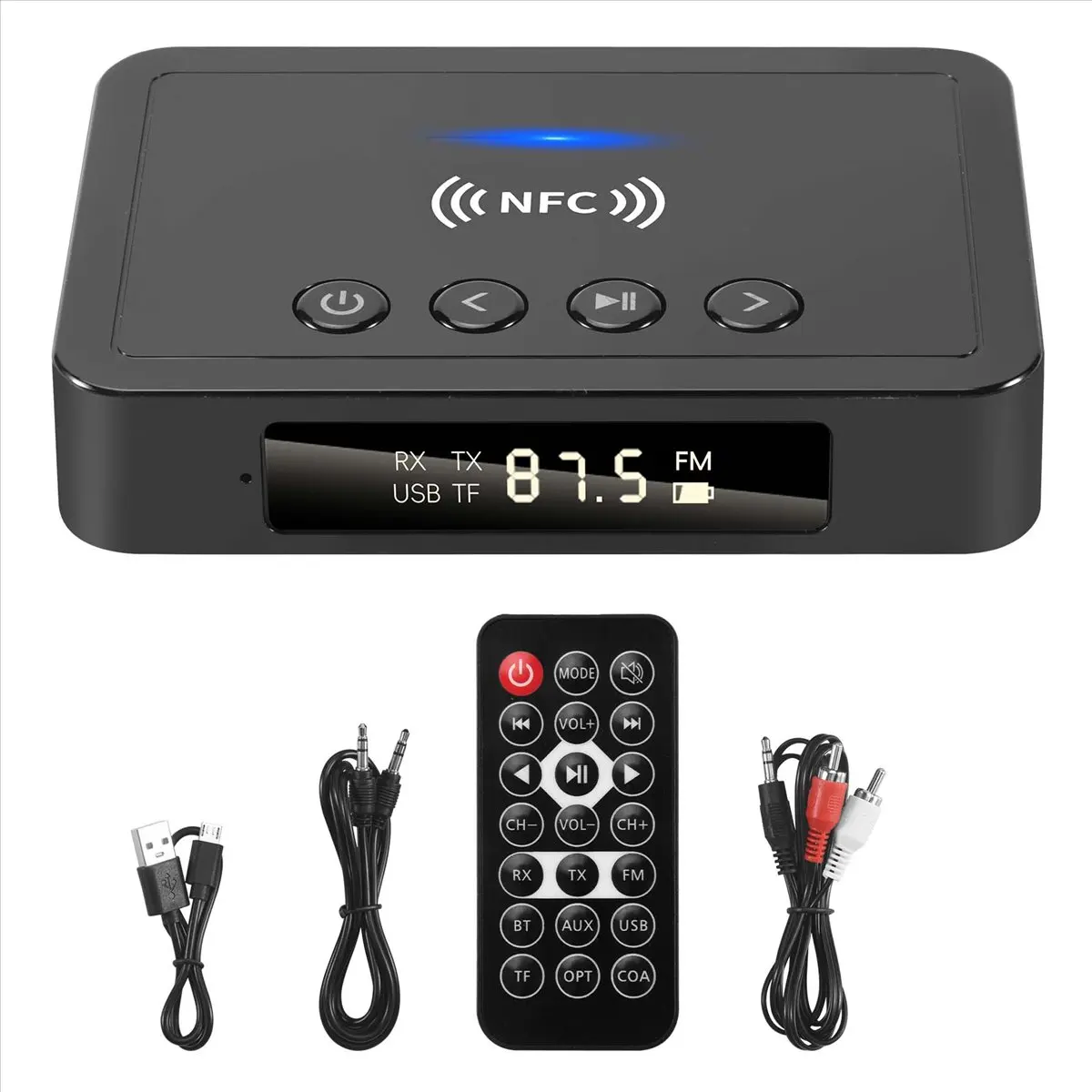 (A75T) 블루투스 5.0 수신기 송신기 FM 스테레오 AUX 3.5mm 잭 RCA 무선 NFC 블루투스 오디오 어댑터 TV PC 헤드폰용