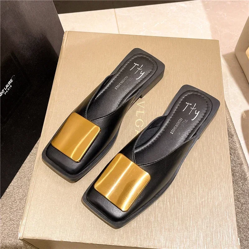 Metal Buckle Square Toe Mules Detail