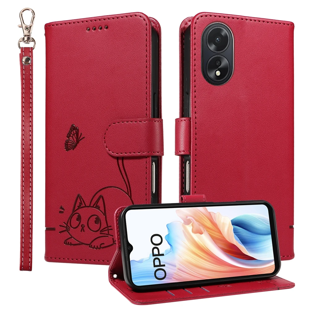 Magnetic Wallet Flip Leather Case with Cat and Butterfly Embossed Design