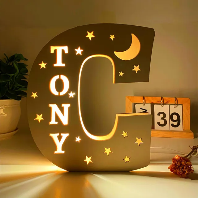 Wooden Name Light Custom Personalized for Baby Birthday Decoration Hollow with Star Moon 26 Letter Night Lamp Wall Pendant Led