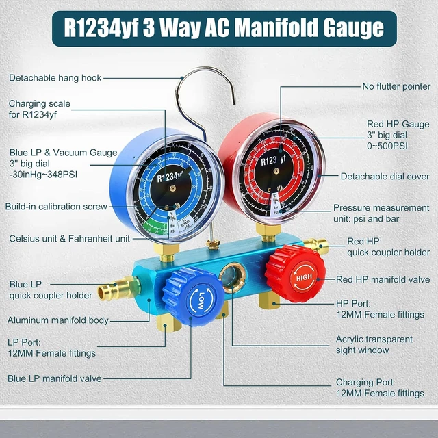 Way AC Manifold Diagnostic Gauge Air Conditioner R1234yf Refrigerant  Charging Set with 5FT Hose Quick Couplers Valve Tool Kit - AliExpress