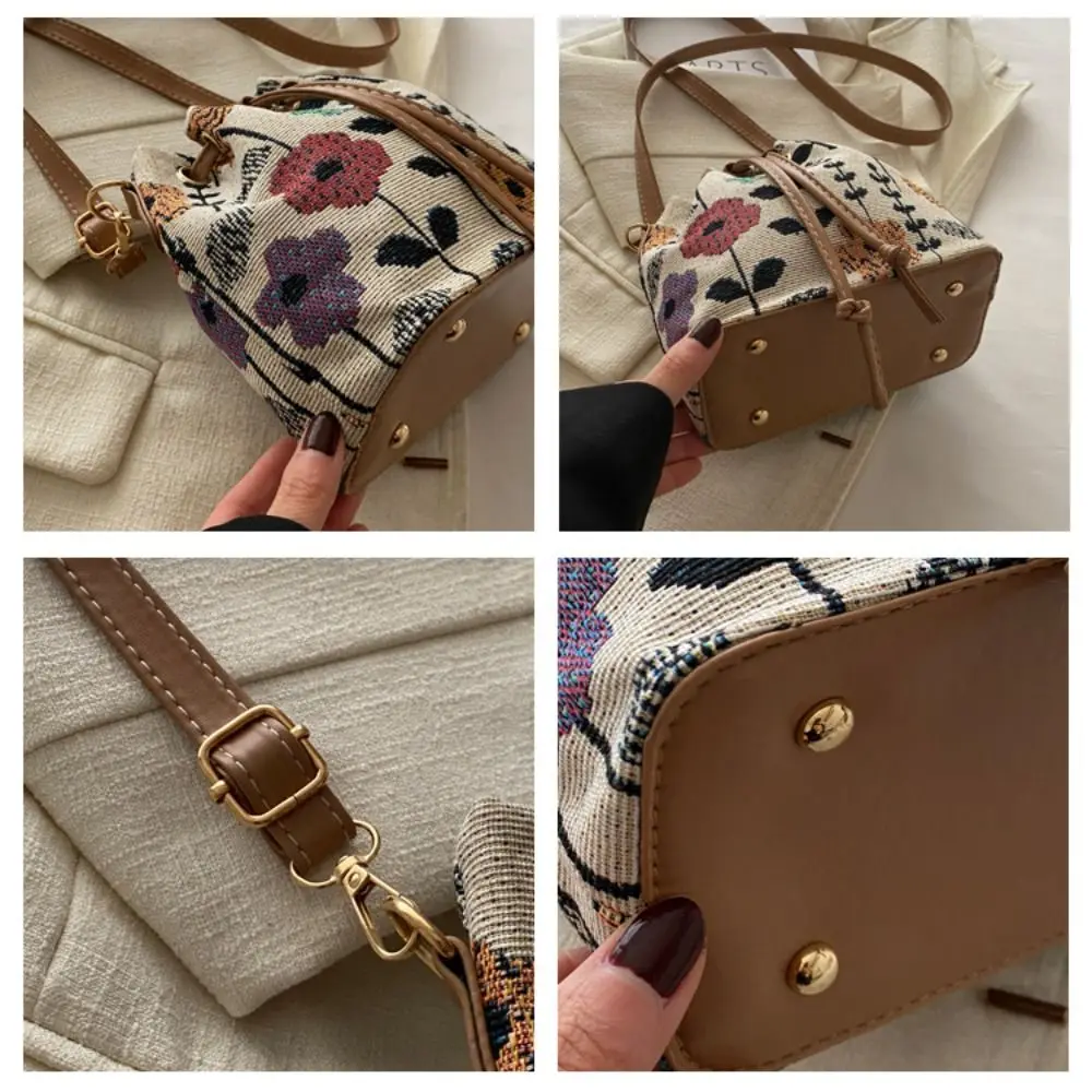Women Linen Fabric Bucket Bag Fashion Crossbody Bag Messenger Bag Ethnic Style Floral Handbag Shoulder Bag Large Ladies Purses - Image 7