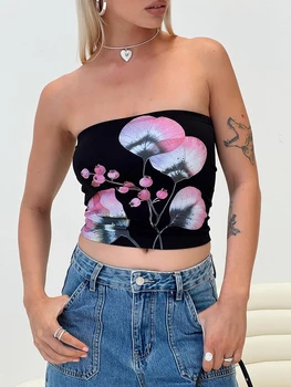 Women's Summer Tube Tops Floral Pattern Bandeau Show Navel Crop Corset Vest 3