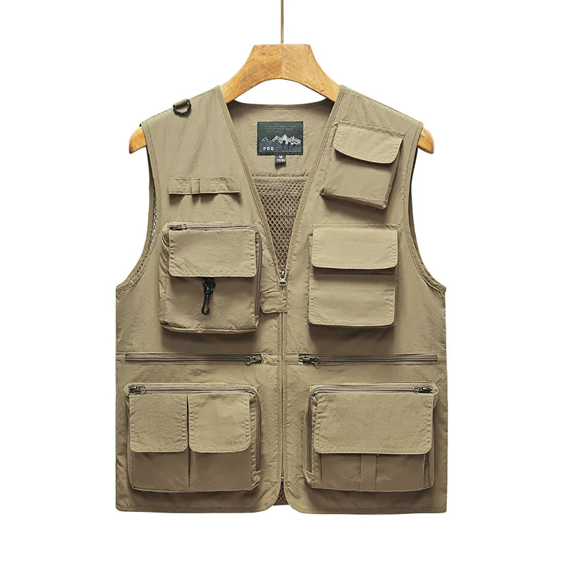 Chaleco de caza para hombres, novedad de primavera y otoño de 2024, chaqueta de malla para fotografía con múltiples bolsillos para pesca y cuello en V, Logo bordado, chaqueta de malla alta
